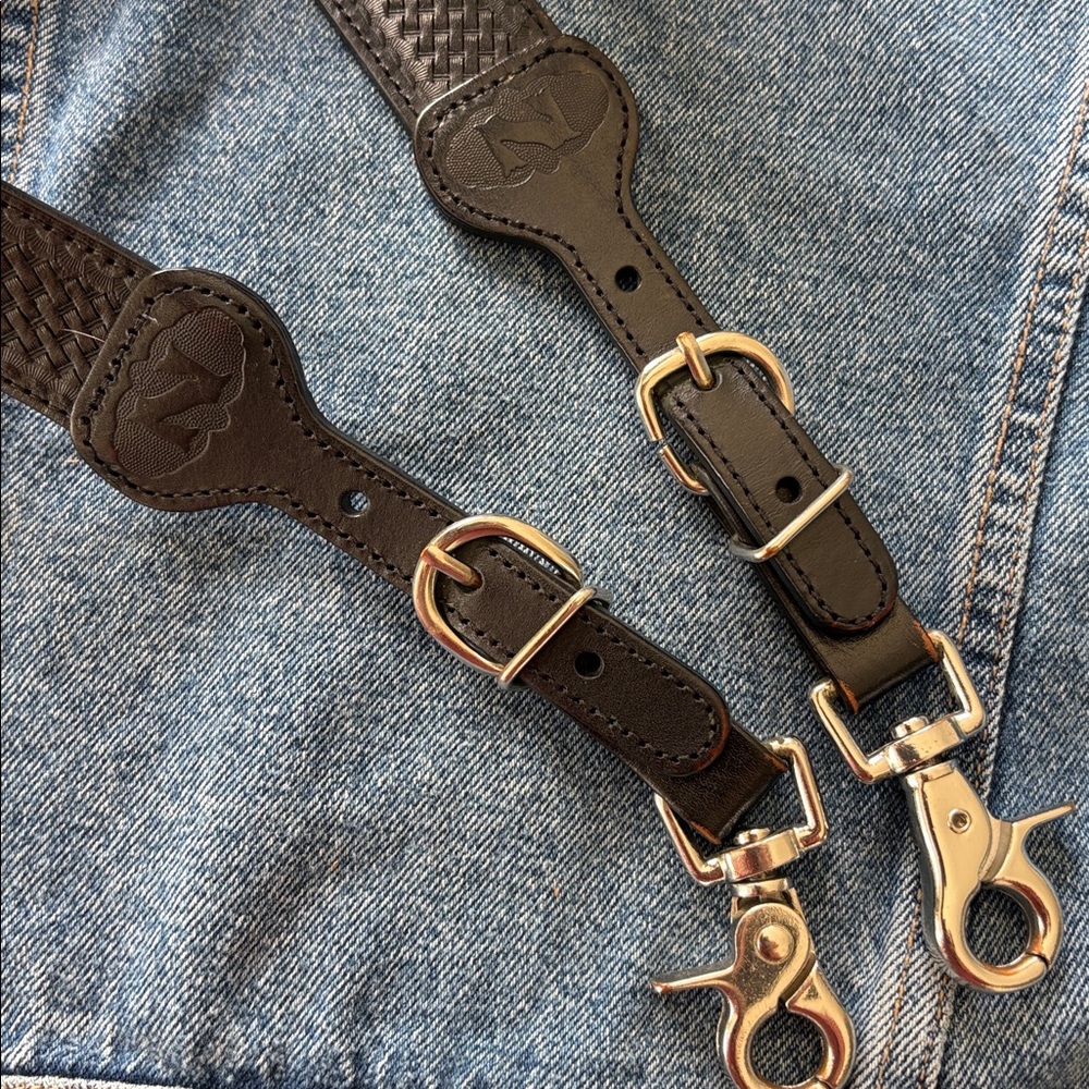 Nocona Leather Basketweave Men's Suspenders Braces Black Silver Hardware Large - Picture 6 of 6